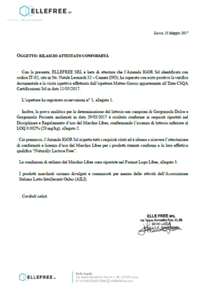 certificazione Lactose Free