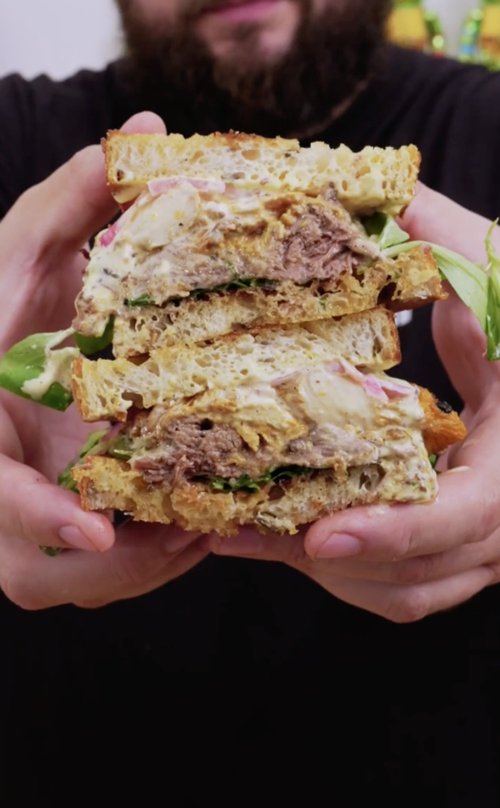 Winter Club Sandwich with braised beef cheek, lamb’s lettuce, pickled onions, mushrooms and Igor’s Spicy Gorgonzola