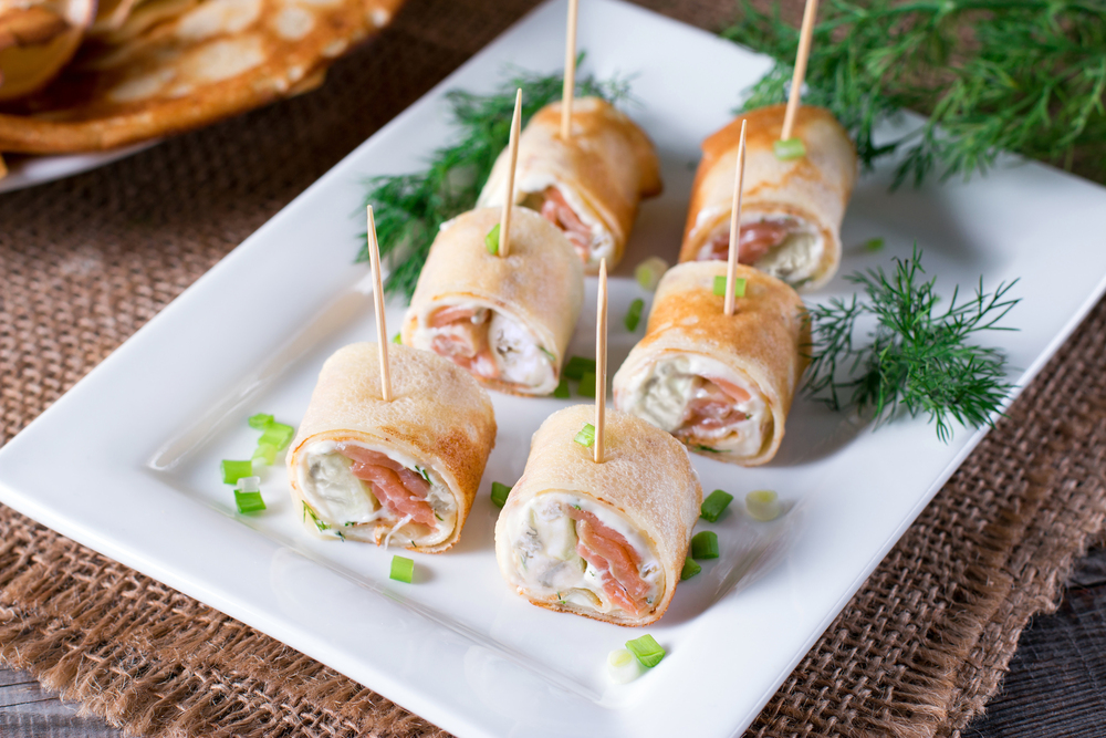 Crepe rolls, sweet gorgonzola, salmon and cucumber