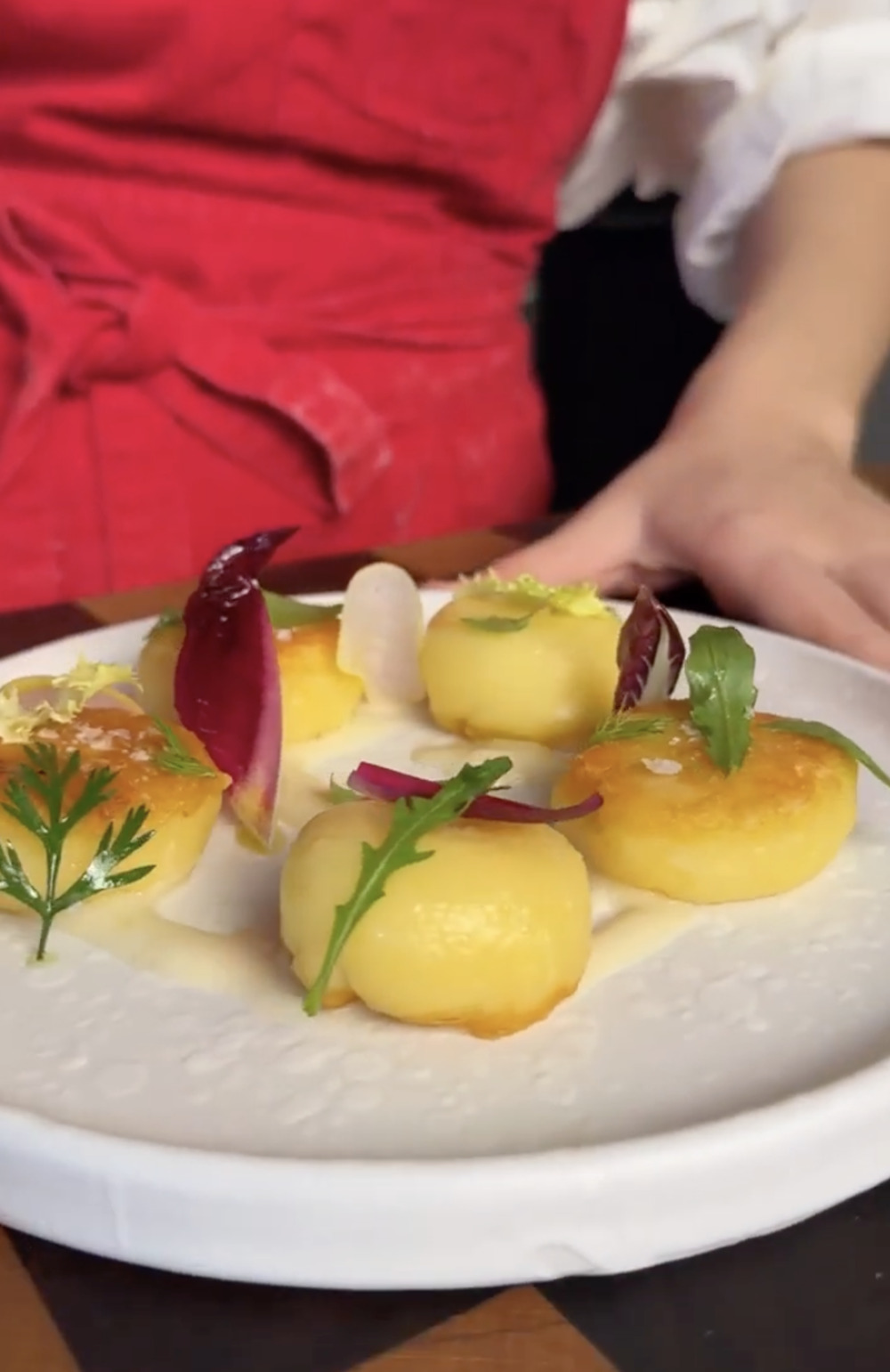 Golden gnocchi stuffed with Leonardi Gran Riserva Gorgonzola and pears