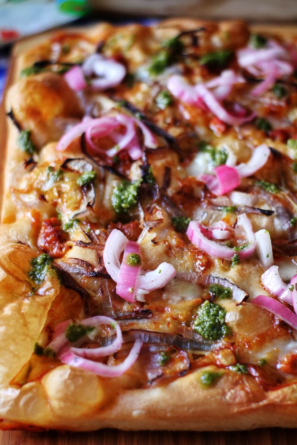 FOCACCIA WITH GORGONZOLA, RED ONION, AND SAUSAGE