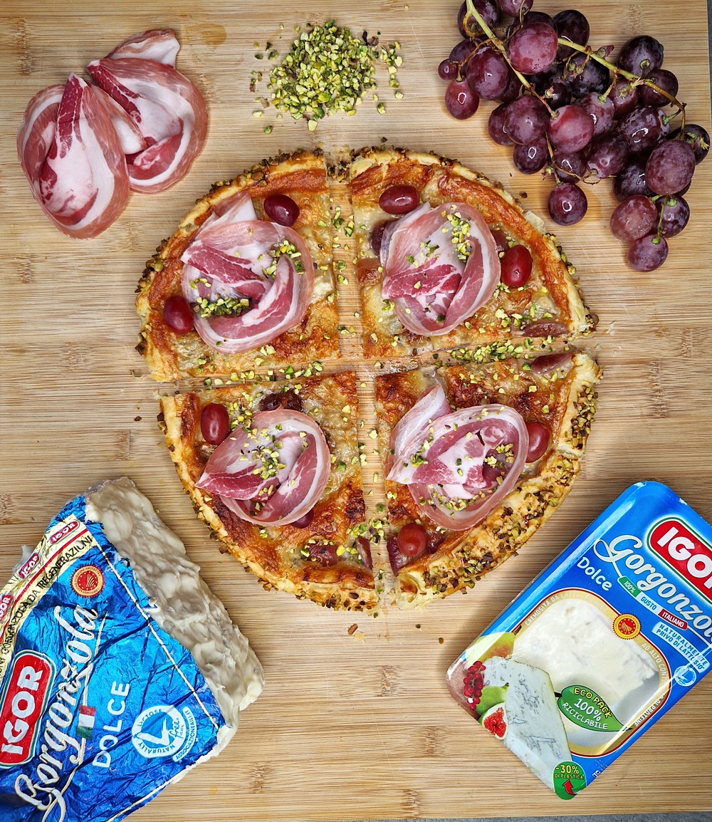 Rustic Pizza with Igor’s Sweet Gorgonzola, grapes, pancetta coppata and chopped pistachios