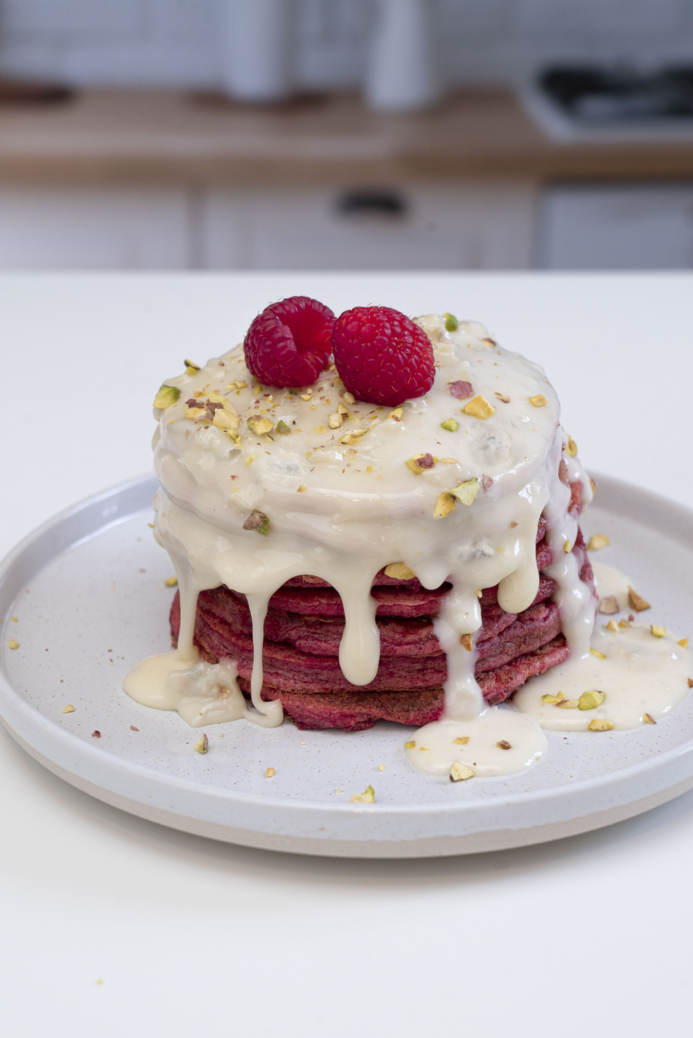 Pink Pancakes with Gran Riserva fondue and raspberries