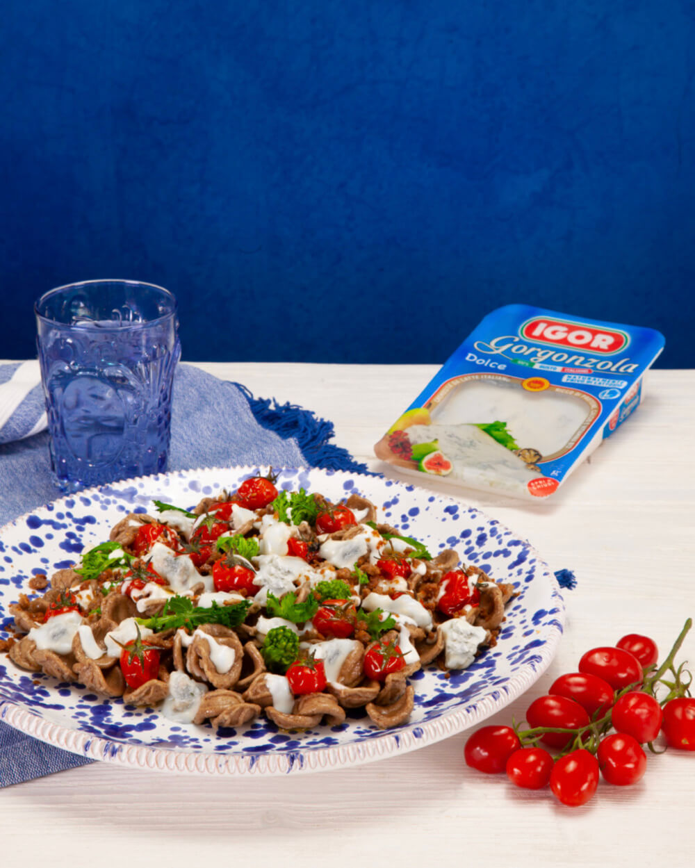 Burnt wheat orecchiette with cherry tomatoes, turnip greens and Gorgonzola