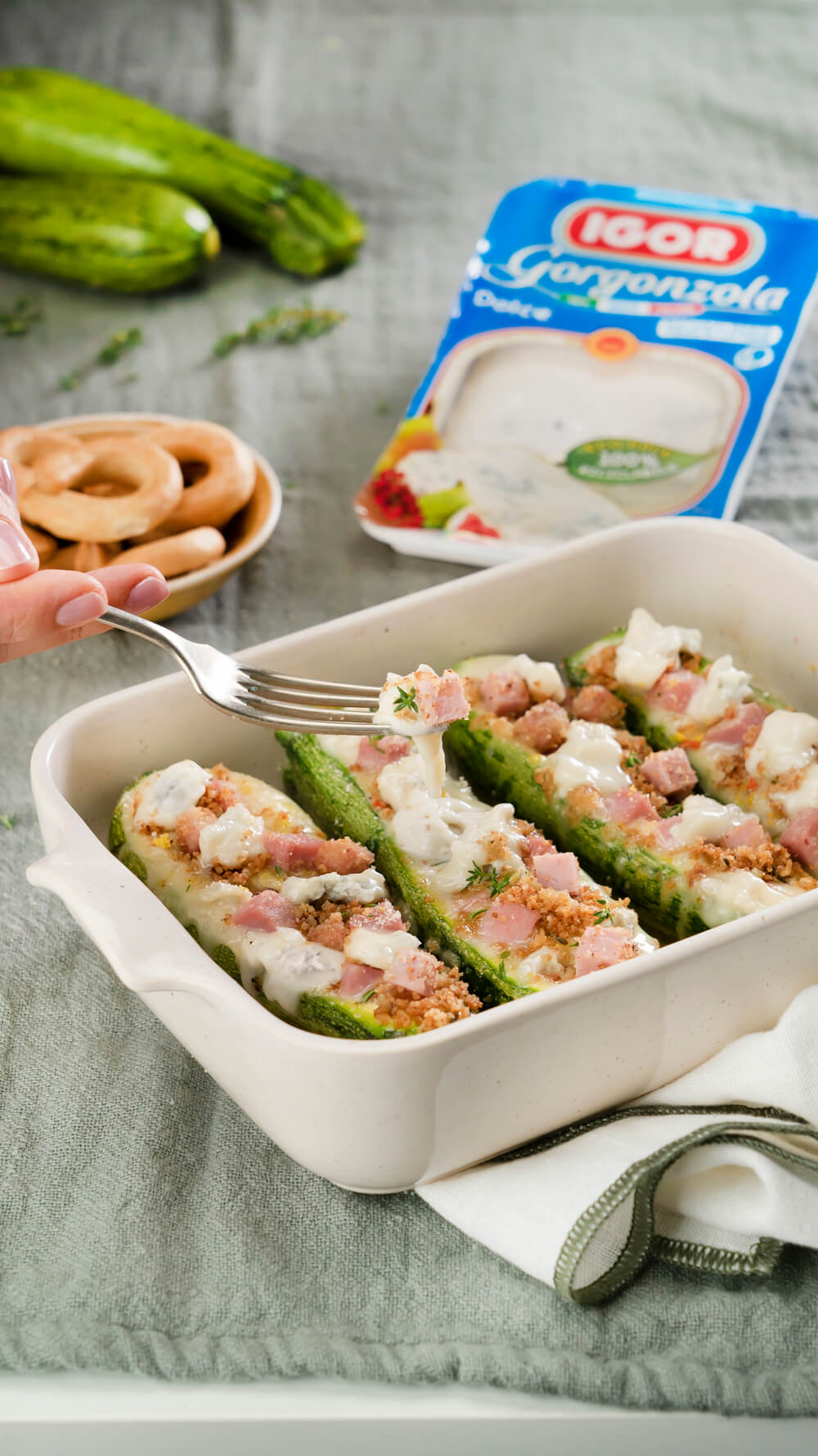 Zucchini stuffed with Igor’s sweet Gorgonzola and diced cooked ham
