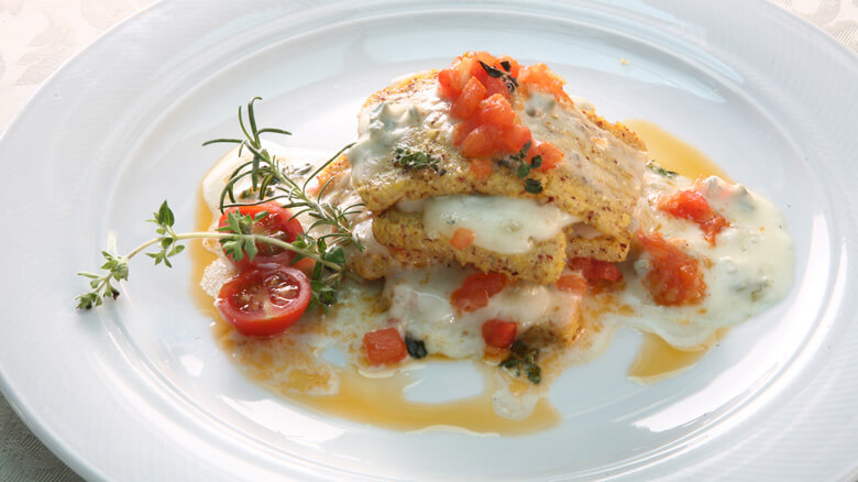 Polenta lasagnetta with Gorgonzola and tomatoes