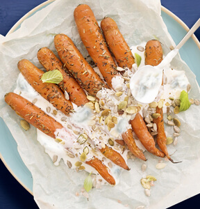 ROASTED CAROTS WITH GORGONZOLA CREAM AND PUPKIN SEEDS