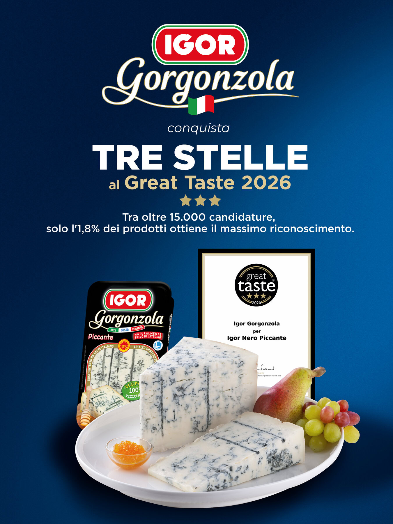 Immagine di formaggio gorgonzola Igor con frutta e certificato, promuovendo il brand e il suo ruolo nel settore alimentare e sportivo.