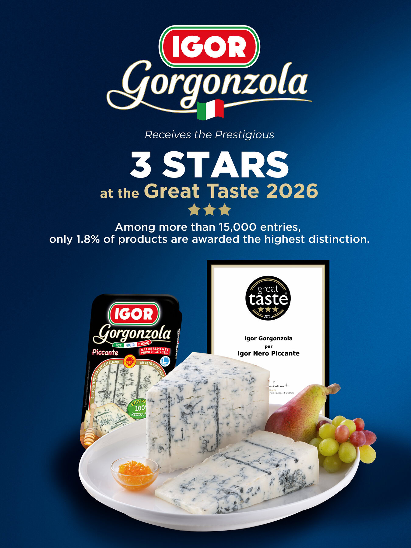 Image features Igor Gorgonzola cheese, grapes, pear, and a volleyball, highlighting the brands dairy excellence and sports sponsorship.