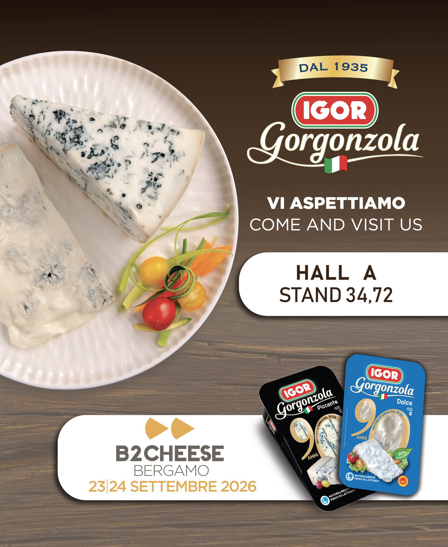 Immagine di formaggio Gorgonzola di IGOR con verdure, promozione a B2CHEESE, sponsor di volley, rappresentando il legame tra formaggi italiani e sport.